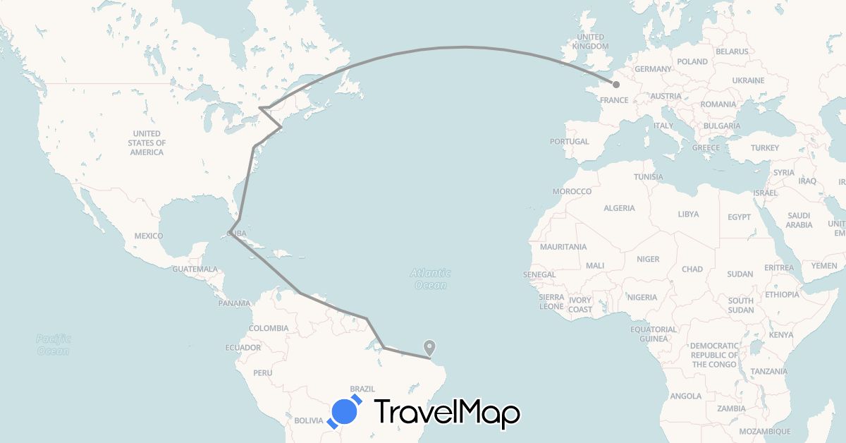 TravelMap itinerary: plane in Brazil, Canada, Cuba, France, French Guiana, Guyana, United States, Venezuela (Europe, North America, South America)